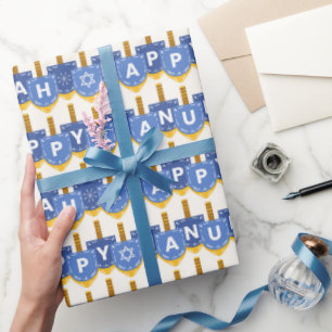 Happy Hanukkah Star of David Snowflakes White Blue Wrapping Paper