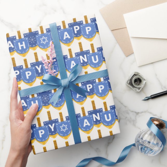 Happy Hanukkah Star of David Snowflakes White Blue Wrapping Paper (Gifting)