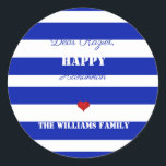 Happy Hanukkah Striped Pattern Blue and White Classic Round Sticker<br><div class="desc">Happy Hanukkah Gift Tag Sticker Elegant Blue and White Striped Pattern with cute red heart,  you can change or delete the text</div>