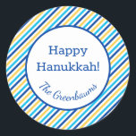 Happy Hanukkah Stripes Blue Yellow Gift Tag<br><div class="desc">These fabulous gift tags would look great on all your Hanukkah gifts.  They are so modern yet classic with their blue,  turquoise and yellow stripes.  And,  they are customisable with your family name.</div>