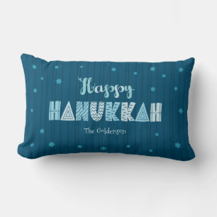 Happy Hanukkah Teal Whimsical Typography Modern Lumbar Cushion