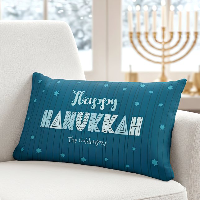 Happy Hanukkah Teal Whimsical Typography Modern Lumbar Cushion (Creator Uploaded)