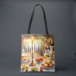 Happy Hanukkah Tote Bag<br><div class="desc">Hanukkah watercolor illustration. A beautifully arranged table set for a festive celebration,  featuring a traditional menorah with lit candles. Soft,  warm light,  while holiday decorations add a touch of cheer. Warm lights creating a cosy,  inviting atmosphere.</div>