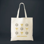 HAPPY HANUKKAH TOTE BAG<br><div class="desc">Modern HAPPY HANUKKAH tote bag with CUSTOMIZABLE text, showing faux gold and silver STAR OF DAVID and MENORAH. Text reads HAPPY HANUKKAH with a placeholder name, and is CUSTOMIZABLE, so you can PERSONALIZE it by adding your name or other text. Ideal for Hanukkah celebrations, and with customisation can be suitable...</div>