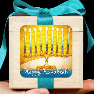 Happy Hanukkah Trendy Artsy Yellow Gold Menorah Square Sticker