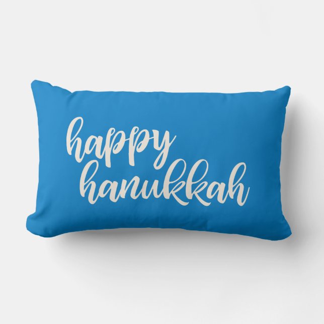 Happy Hanukkah Trendy Script Lettering Blue Lumbar Cushion (Front)