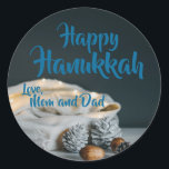 Happy Hanukkah twinkle lights white bag Classic Round Sticker<br><div class="desc">Happy Hanukkah twinkle lights white bag Classic Round Sticker - A white bag filled with white twinkle lights and a scattering of pine cones and acorns in front. Personalised sticker - A fun and easy way to add a little bit of extra personality to your envelopes, gift wrappings and more....</div>