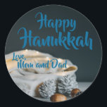 Happy Hanukkah twinkle lights white bag Classic Round Sticker<br><div class="desc">Happy Hanukkah twinkle lights white bag Classic Round Sticker - A white bag filled with white twinkle lights and a scattering of pine cones and acorns in front. Personalised sticker - A fun and easy way to add a little bit of extra personality to your envelopes, gift wrappings and more....</div>