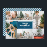 Happy Hanukkah Typography Blue Photo Collage Holiday Card<br><div class="desc">Happy Hanukkah! Send holiday wishes and greetings with this modern and stylish holiday photo card. It features retro bold typography with white and blue diagonal stripes pattern. Personalise by adding your favourite photos, greeting, names and other details. The texts are fully editable. Available as a flat card, folded card and...</div>