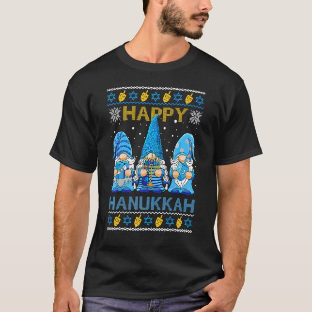 Happy Hanukkah Ugly Christmas Gnome Gnomies Menora T-Shirt (Front)