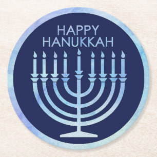 Happy Hanukkah Watercolor Menorah Round Paper Coaster