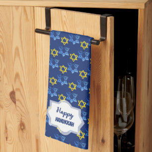 Happy Hanukkah Watercolor Stars Of David Tea Towel