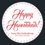 Happy Hanukkah white black custom red script text Classic Round Sticker<br><div class="desc">Happy Hanukkah custom script name text Elegant Hanukkah gift favour tag stickers.
Custom script text, names and date surrounded by a border made of Stars of David, Magen David.
custom red text on white background.</div>