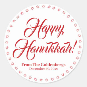 Happy Hanukkah white black custom red script text Classic Round Sticker