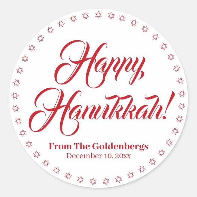 Happy Hanukkah white black custom red script text Classic Round Sticker (Front)