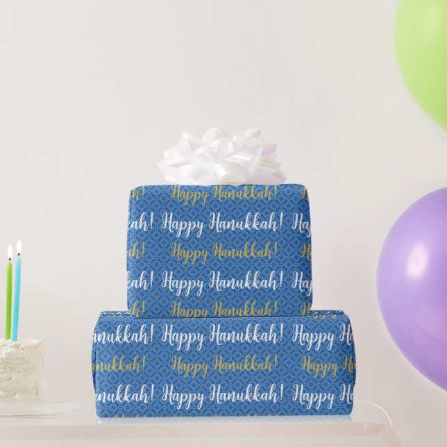 Happy Hanukkah White, Blue, and Gold Wrapping Paper (Party Gifts)