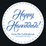 Happy Hanukkah white blue custom script text  Classic Round Sticker<br><div class="desc">Happy Hanukkah custom script name text Elegant Hanukkah gift favour tag stickers.
Custom script text,  names and date surrounded by a border made of Stars of David,  Magen David.
Blue custom text on white background.</div>