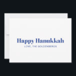 Happy Hanukkah white blue minimalist custom text Holiday Card<br><div class="desc">Happy Hanukkah blue and white modern typography minimalist simple elegant personalised Hanukkah Holiday Card.
Fully customisable blue text on white background.</div>