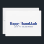 Happy Hanukkah white blue minimalist custom text Holiday Card<br><div class="desc">Happy Hanukkah blue and white modern typography minimalist simple elegant personalised Hanukkah Holiday Card.
Fully customisable blue text on white background.</div>