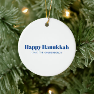 Happy Hanukkah white blue minimalist personalised Ceramic Tree Decoration