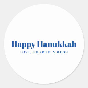 Happy Hanukkah white blue minimalist personalised Classic Round Sticker