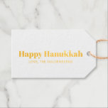 Happy Hanukkah white blue minimalist personalised Gift Tags<br><div class="desc">Happy Hanukkah foil typography simple minimalist modern Hanukkah personalised Gift Tags.
Fully customisable gold foil text, available in kraft or white paper and blue back.</div>