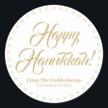 Happy Hanukkah white gold custom script text Classic Round Sticker<br><div class="desc">Happy Hanukkah gold custom script name text Elegant Hanukkah gift favour tag stickers.
Custom script text,  names and date surrounded by a border made of Stars of David,  Magen David.
Faux gold custom text on white background.</div>