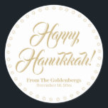 Happy Hanukkah white gold custom script text Classic Round Sticker<br><div class="desc">Happy Hanukkah gold custom script name text Elegant Hanukkah gift favour tag stickers.
Custom script text,  names and date surrounded by a border made of Stars of David,  Magen David.
Faux gold custom text on white background.</div>