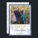 Happy Hanukkah White Photo Holiday<br><div class="desc">This Hanukkah greeting card features a square photo and trendy handwritten text "Happy Hanukkah" on a white background with dark blue border. The design is accented with light blue leaves and a gold menorah.</div>