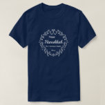 Happy Hanukkah White Wreath Add Name and Year T-Shirt<br><div class="desc">Add your family name and the year to this Happy Hanukkah t-shirt.  These Happy Chanukkah stickers feature a white festive frame and white lettering on a blue background.</div>