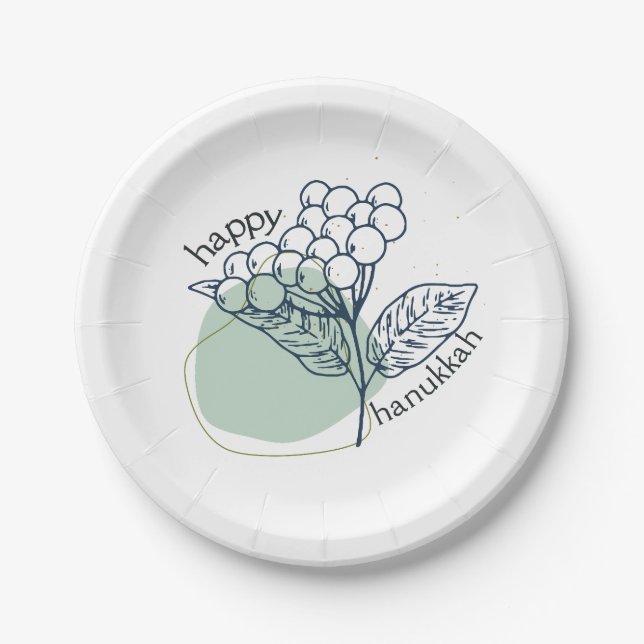 Happy Hanukkah (with Drawn Berries) Paper Plate (Front)