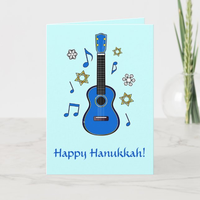 Happy Hanukkah with Ukulele and Stars Holiday Card (Front)