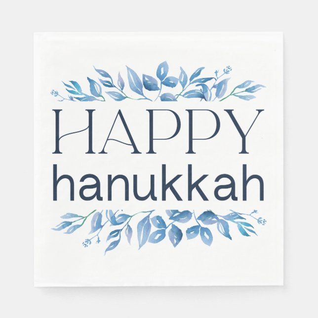 Happy Hanukkah (with Winter Watercolored Florals) Napkin (Front)