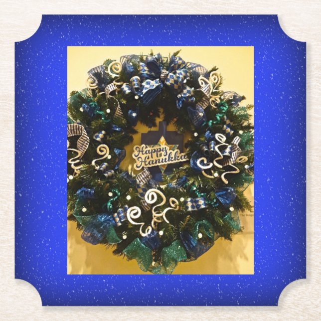 Happy Hanukkah Wreath Jewish Holiday Paper Coaster (Front)