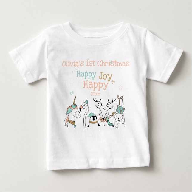 Happy Happy Joy Cute Animals Baby's 1st Christmas Baby T-Shirt (Front)