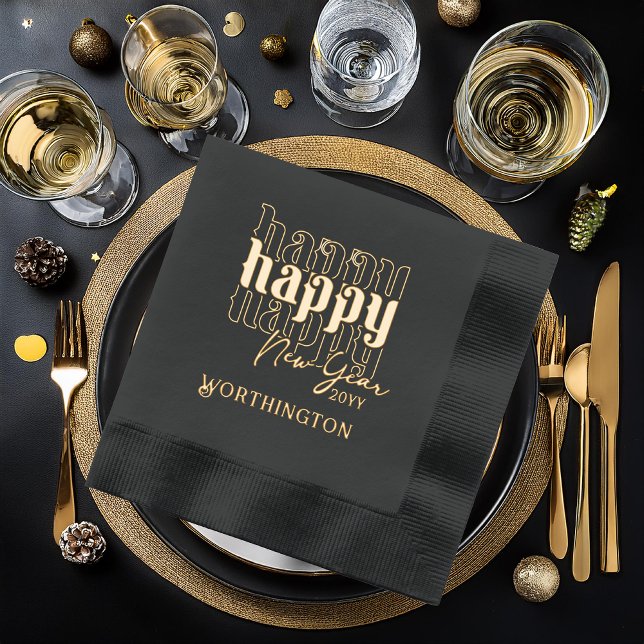 Happy Happy New Year Foil Stamped Napkins ("Happy Happy Happy New Year" Name and Year Black with Gold Foil Stamped Napkins )