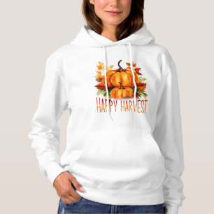 "Happy Harvest" Watercolor Pumpkin & Fall Leaves Hoodie