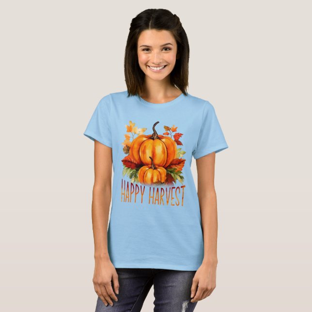 "Happy Harvest" Watercolor Pumpkin & Fall Leaves  T-Shirt (Front Full)