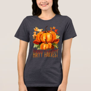 "Happy Harvest" Watercolor Pumpkin & Fall Leaves  Tri-Blend Shirt
