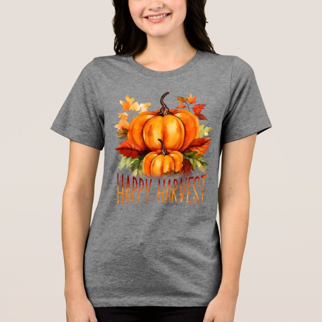 "Happy Harvest" Watercolor Pumpkin & Fall Leaves  Tri-Blend Shirt (Front)