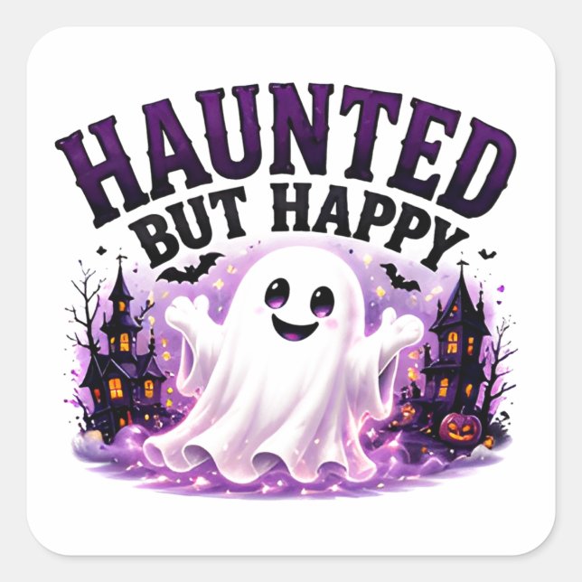 🎃 Happy Haunted Ghost Halloween Saying 👻 Square Sticker (Front)