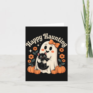 Happy Haunting Ghost And Black Cat Halloween Art Card