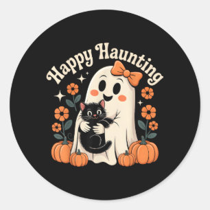 Happy Haunting Ghost And Black Cat Halloween Art Classic Round Sticker
