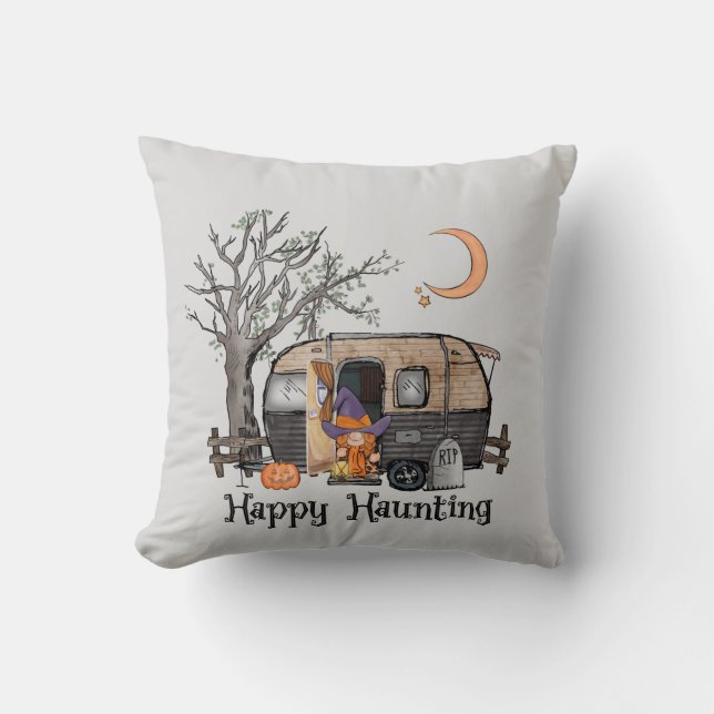 Happy Haunting – Spooky Witch and Camper Van Cushion (Front)