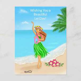 Happy Hawaiian Lei Day Hula Girl Beach Postcard