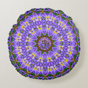 Happy Healing Purple Yellow Mandala OM Yoga Round Cushion