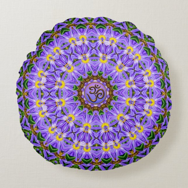 Happy Healing Purple Yellow Mandala OM Yoga Round Cushion (Front)