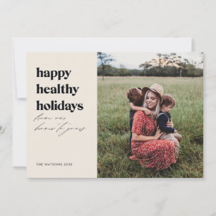 Happy Healthy Holidays Photo Ivory and Black Holiday Card
