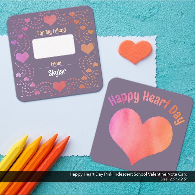 Happy Heart Day Pink Iridescent School Valentine Card (Happy Heart Day Kid's School Valentine Card: Lavender with Pink and Peach Iridescent Metallic Look.)
