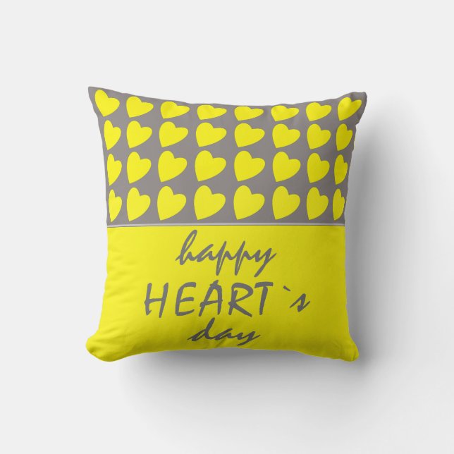 Happy Heart`s Day Yellow Heart Valentine`s Day Cushion (Front)